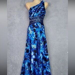 Betsy Adam Maxi Dress Size 6 Blue One Shoulder Sequin Open Back Train Hem Prom